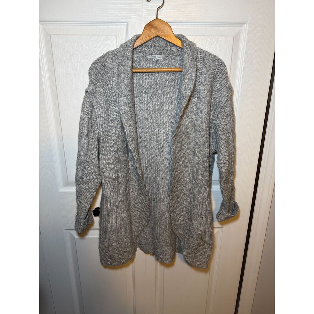 Ophelia Roe Gray Cable Knit Shawl Collar Open Cardigan Sweater Small